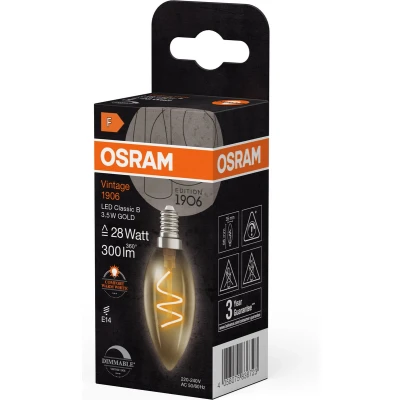 Afbeelding van OSRAM Vintage 1906 Classic ist eine warmweiße, dimmbare LED Lampe in Minikerzenform mit spiralförmigem Filament. Sie bietet 3.5 W, 300 lm, E14 Fassung, goldfarbenes Glas, 35 mm Durchmesser, 2200 K.