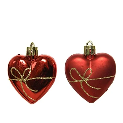 Afbeelding van Decoris Kerstboomversiering kunststof harten met strikken 6 cm x 2 stuks winterfiguren klein kerstrood