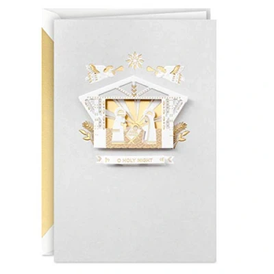 Afbeelding van Hallmark Signature kerstkaarten in doos, goudfolie kerststal (12 kaarten en enveloppen)