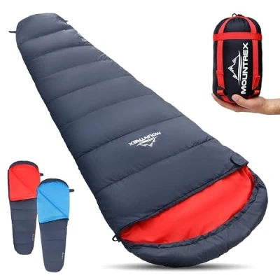 Afbeelding van MOUNTREX Slaapzak Ultralicht en Compact (750g), Zomerslaapzak, Mummie Outdoor, Kamperen, Reizen, Festivals (205 x 80cm) Koppelbaar (Zomer, Marineblauw/Rood, Rechts)