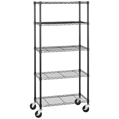 Afbeelding van Amazon Basics Medium opbergunit met 5 planken op 10 cm wielen, in hoogte verstelbare en stelvoeten 680 kg maximaal gewicht, zwart, 35,5 x 76 164,5 (d b h)