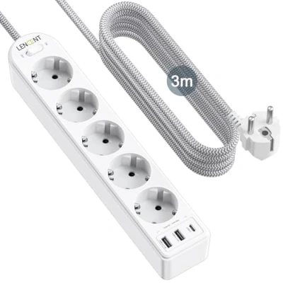 Afbeelding van LENCENT 5 Voudige Stekkerdoos met 3 USB, Meter Gevlochten Kabel Power Strip, 8 in 1 Cube Stopcontact Type C + 2 USB A, 4000W Meervoudige Verlengsnoer Schakelaar, Thuis Verdeelstekker, Wit