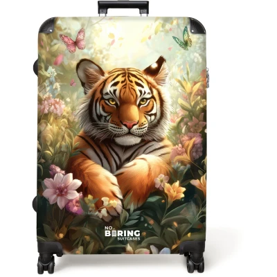 Afbeelding van NoBoringSuitcases.com® Koffer groot Reiskoffer lichtgewicht Tijger in bloemenveld met vlinders en zonlicht Rolkoffer 4 wielen Grote trolley XL 98 liter bagage