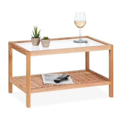 Afbeelding van Relaxdays bijzettafel, salontafel met glazen blad, HxBxD: 35 x 60 40 cm, nachttafel walnotenhout, koffietafel, natuur