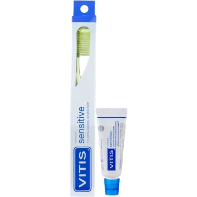 Afbeelding van 2x Vitis Sensitive Tandenborstel met 15 ml verpakking tandpasta