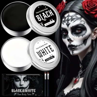 Afbeelding van Maquillage Halloween, Peinture Visage Blanc Noir, Kit Halloween Enfant Adulte Corporelle pour Carnaval Théâtre Cosplay Fantaisie Clown SFX Corps Peintures