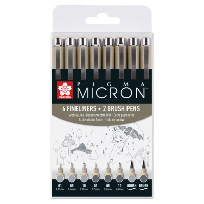 Afbeelding van Fineliner en brushpen Sakura Pigma Micron koudgrijs set à 8 stuks assorti
