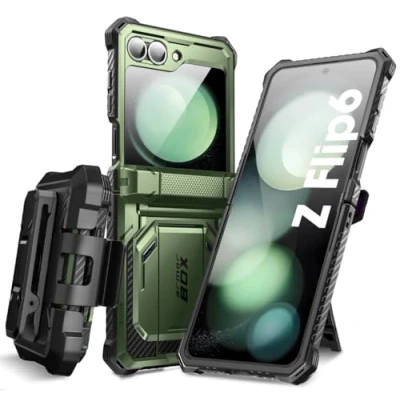 Afbeelding van i Blason Beschermhoes voor Samsung Galaxy Z Flip 6 met standaard [geïntegreerde displaybescherming] [scharnierbescherming] [riemclip] militaire bescherming 6, groen