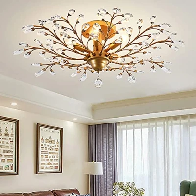 Afbeelding van Ganeed Vintage K9 Clear Crystal Chandelier plafondverlichting hanger verlichting Flush Mounted Fixture voor woonkamer eetkamer Restaurant Veranda Hallway 5 Licht Goud