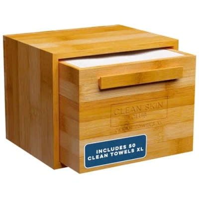 Afbeelding van Clean Skin Club Luxe Bamboe Box met Lade &amp; Handdoeken XL, Gezichtshanddoek, Wegwerp Make up Remover Droge Doekjes, Gezichtswasmiddel (Bamboe Container Lade)