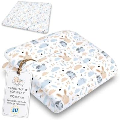 Afbeelding van kruipmat voor babyspeelmat 100x100 cm gevoerd groot dik opvouwbaar boxinzetstuk van katoen Uilen lichtgrijs