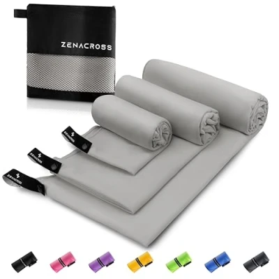 Afbeelding van Zenacross Microvezel Handdoek (Set van 3) met Draagtas Compacte Sport Handdoek, Sneldrogend en Absorberend S, M, L Grijs