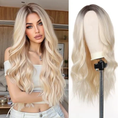 Afbeelding van Esmee 26 Duim Lange Blonde Pruiken voor Vrouwen Natuurlijk Synthetisch Haar Ombre Pruik met Donkere Wortels Los Golvende Hittebestendig