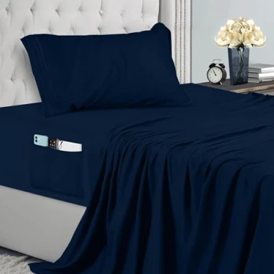 Afbeelding van Utopia Bedding Geborduurde Lakenset (3 Stuks, Marine), Polyester Microvezel, Hoeslaken 90 x 190 cm, Vlakke Laken 167 243 1 Geborduurd Kussensloop 50 75 cm