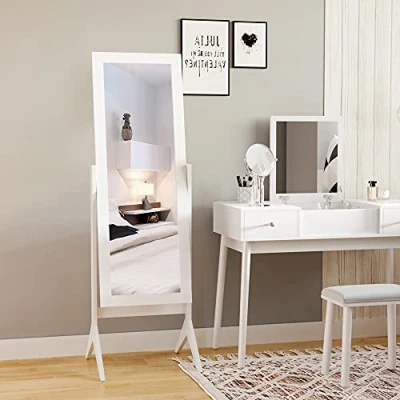 Afbeelding van HOMCOM staande spiegel passpiegel make up verhoogde voet eenvoudig te onderhouden MDF wit 47 x 46 148 cm