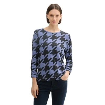 Afbeelding van TOM Tailor Gemustertes 3/4ARM Longsleeve, Dames, Maat: XS, Blue houndstooth design