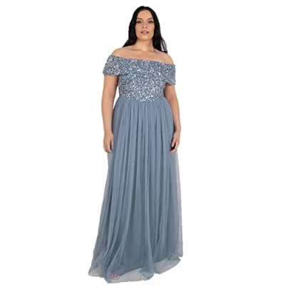 Afbeelding van Maya Deluxe Vrouwen dames bardot jurk maxi verfraaid hoogte rijk taille mouwloze tule voor bruiloft gast prom afstuderen bruidsmeisje, Dusty Blauw, 46