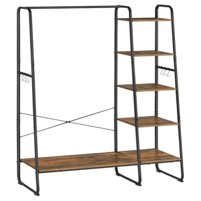 Afbeelding van VASAGLE kledingrek, kledingrek met schoenenrek, 5 verdiepingen opbergrek, 6 zijhaken voor slaapkamer, woonkamer, rustiek bruin en zwart RGR116B01