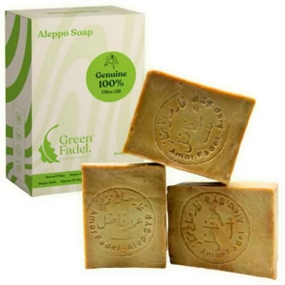 Afbeelding van GREEN FADEL Aleppo Zeep Original 3 x 200g (Genuine) 100% Olijfolie, Olijfoliezeep, Kernzeep, Soap, Natuurlijke Zeep, Inc. Zeepzakje, Handgemaakt, Vegan
