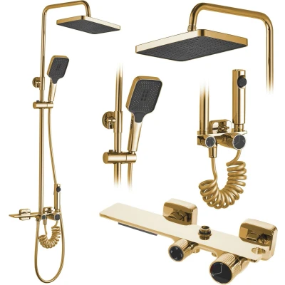 Afbeelding van Rea douchesysteem HELIX Gold doucheset douchekraan met douchekop en hoofddouche van messing voor badkamer (goud)