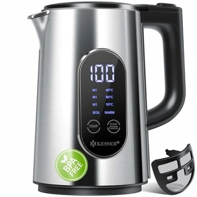 Afbeelding van KESSER® Waterkoker van roestvrij staal, 1,7 liter, led display, 4 modi, temperatuurinstelling 40 C tot 100 C, warm houden 30 minuten, 2200 W, BPA vrij, kalkfilter en Easy Open deksel, zilverkleurig