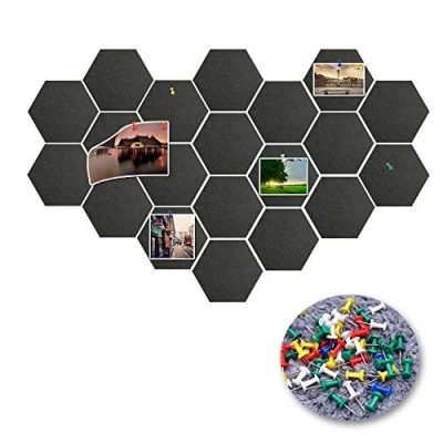 Afbeelding van 20 stuks prikbord, zeshoekige vilten bordtegels, zwart zelfklevend memobord met drukpennen, decoratie voor thuiskantoor, klaslokaal muur