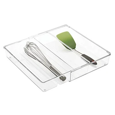 Afbeelding van InterDesign Linus Ladebox, extra grote bestekbak met 4 lange vakken, van kunststof, uittrekbare sorteerdoos, doorzichtig