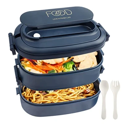 Afbeelding van OITUGG lunchbox Volwassenen: 2 laags Bento Box 1550 ml voor mannen vrouw 3 vaks met bestek BPA vrije plastic geschikt kantoorschool (blauw)