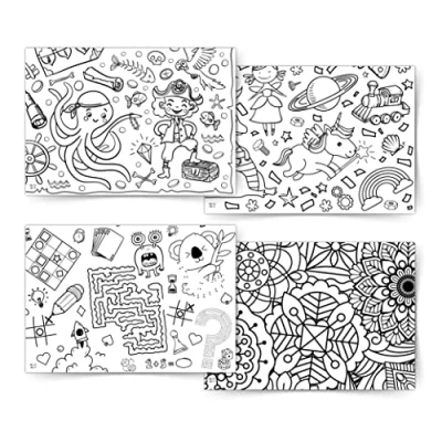 Afbeelding van Creatief pakket 4 x inkleurtafelkleed van papier, verschillende motieven, inkleuren voor kinderen, kinderbezigheid bruiloft, kinderverjaardag, Mal Me kleurrijk