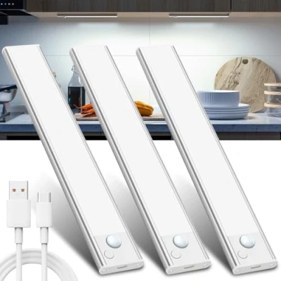 Afbeelding van Kastverlichting, onderbouwlamp, keuken, led bewegingsmelder, 20 cm, wit, 3 stuks, draadloze onderkast, lichtstrip met USB oplaadbaar, accu, onderbouw, keukenverlichting voor kledingkast, onderkast