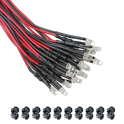 Afbeelding van KeeYees 20 stuks 3 mm leds met cm kabel DC 12 V LED klaar bedraad (wit) + montageringen plastic