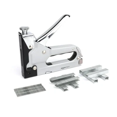 Afbeelding van Amazon Basics Nietpistool, 3 in 1 nietpistool met 600 nietjes, voor stoffering, thuisreparatie, timmerwerk, decoratie en meubelreparatie, zwart