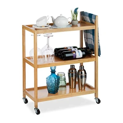 Afbeelding van serveerwagen bamboe 3 laags wieltjes met handgreep 76x58x30 cm