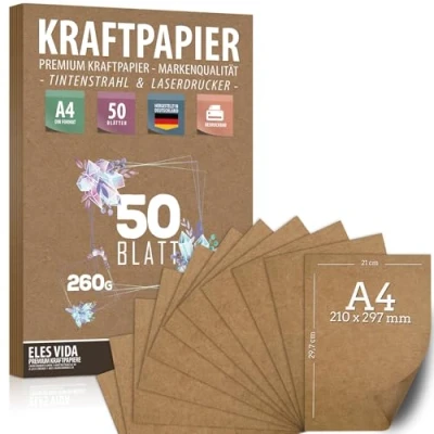 Afbeelding van 50 vellen kraftpapier A4 set 260 g 21 x 29,7 cm DIN formaat knutselpapier &amp; natuurkarton kartonnen kraftkarton om af te drukken, papierknutsels huwelijksgeschenk en etiketten