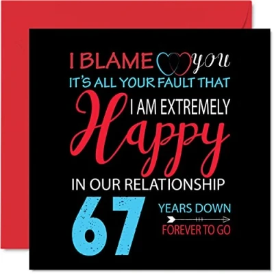 Afbeelding van Grappige 67e verjaardagskaart voor echtgenoot vrouw Your Fault I&#039;m Extremely Happy Gelukkige huwelijksverjaardagskaart partner, 145 mm x wenskaarten zevenenzestig jubilea