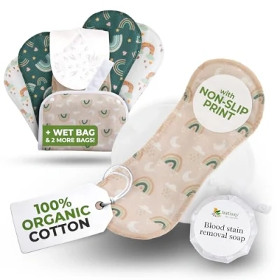 Afbeelding van Tieners herbruikbare menstrual pads, 6 pack; MINI; organisch katoen; regenboog glow; witte vleugels