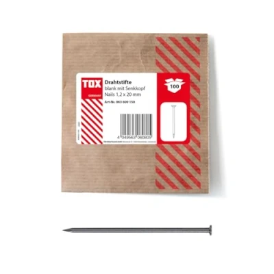 Afbeelding van TOX draadnagels 1,2x20 mm met verzonken kop voor eenvoudige houtverbindingen en vlakke oppervlakken, blank staal, 100 st. in hersluitbare milieuvriendelijke papieren verpakking, 063600150