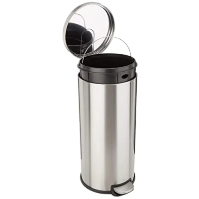 Afbeelding van Amazon Basics Prullenbak, rond, cilindervormig, soft close, 30 liter, geborsteld roestvrij staal