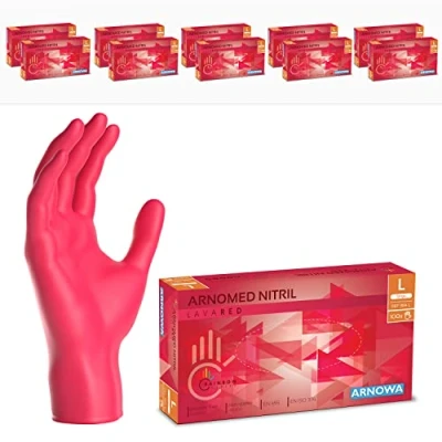 Afbeelding van ARNOMED wegwerphandschoenen rood, nitril handschoenen L, met 1000 stuks, poedervrij. Latexvrije rubber handschoenen, verkrijgbaar in XS,S, M, L &amp; XL