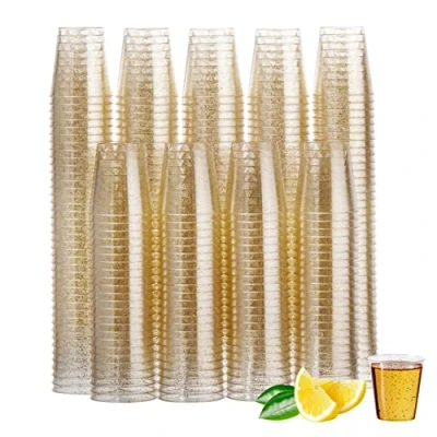 Afbeelding van MATANA 300 Plastic Shotglaasjes, Transparante Shotglazen met Gouden Glitter (30ml) Borrelglaasjes voor Bruiloften, Verjaardagen, Kerst &amp; Feesten Stevig Herbruikbaar