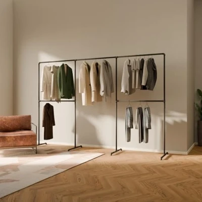 Afbeelding van pamo Vrijstaande kledingstang in industrieel loft design LAS II garderobe voor inloopbare kledingkast muur I slaapkamer kledingrek van zwarte stabiele buizen vrijstaand