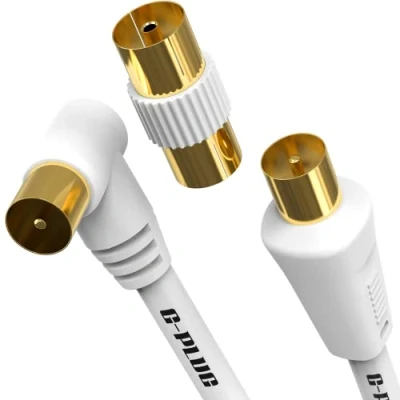 Afbeelding van 0.5m Rechthoekige lange TV antennekabel met stekkeradapter Coaxiale Satellietkabel antenne AV Lead Male to RF Connector Coax kabeluitbreiding in goud FreeView, FreeSat, Sky Box, BT