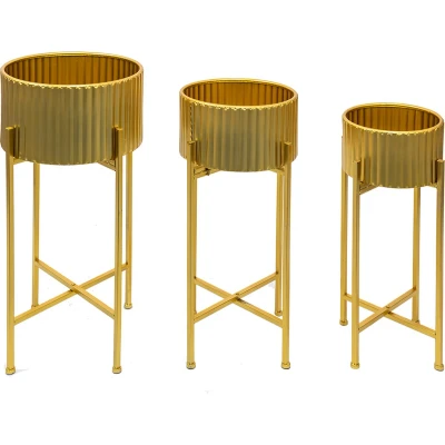 Afbeelding van Clayre &amp; Eef Bloempot set van 3 Goudkleurig Ijzer Plantenstandaard