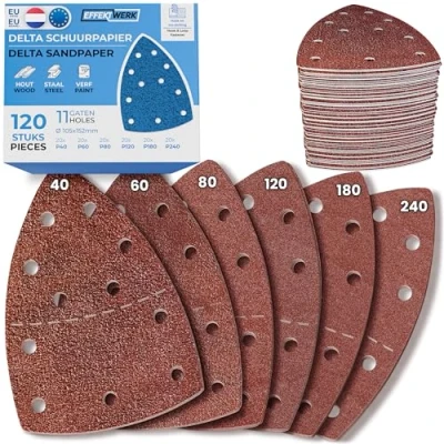Afbeelding van EffektWerk Delta schuurpapier (120 stuks, 11 gaten), 105 x 152 mm driehoekige schuurpads voor muisschuurmachines, meerdere korrelgroottes (40, 60, 80, 120, 180, 240)