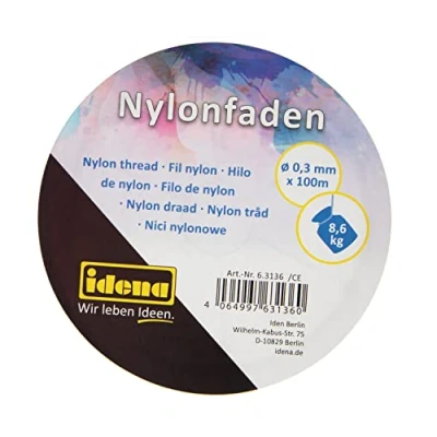 Afbeelding van Idena 63136 Transparant nylondraad op klos, ca. 0,3 mm x 100 m, draagvermogen 8,6 kg, voor het ontwerpen van sieraden, knutselen en ophangen mobiles, raamschilderijen nog veel meer