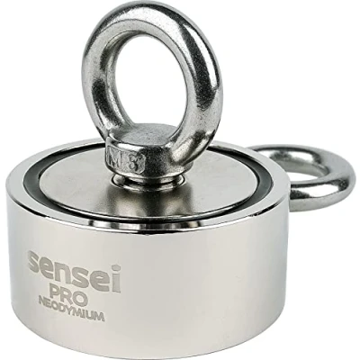 Afbeelding van SENSEI Magneet, 150 kg, dubbelzijdige neodymium magneet N52 met haken aan boven en zijkant, Ø 6 x hoogte 2,7 cm, zeer sterke voor thuis, werkplaats, watervissen