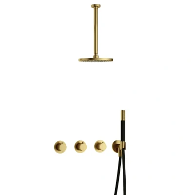 Afbeelding van Hotbath Cobber Regendoucheset IBS70 Geborsteld Messing PVD Staaf handdouche 20cm Hoofddouche 30cm Plafondbuis Handouche met wandhouder