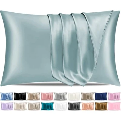 Afbeelding van Pamposh Satijnen zijden kussenslopen voor haar en huid, set van 2 standaardformaat met envelopsluiting (blauwgrijs, (50 x 75 cm))