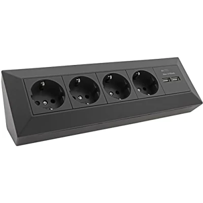 Afbeelding van ChiliTec Hoekstopcontact, keukenstopcontact met USB, dubbel stopcontact, 4 x stopcontacten, 2 USB 3,1 A, 90 graden hoek, 230 V opbouw en hoekmontage voor werkblad, keuken, zwart