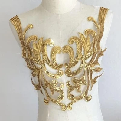 Afbeelding van Yulakes goud borduurwerk kant applicatie patch pailletten hals kraag bruiloft nobele jurk naaien DIY bruidsjurk decoratie kleding accessoires (stijl 3)